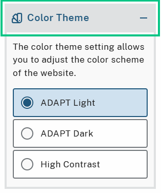 Color Theme settings with options for ADAPT Light (default), ADAPT Dark, or High Contrast.