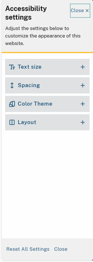 Accessibility settings panel to customize Text size, Spacing, Color Theme, and Layout, with Reset All and Close options.