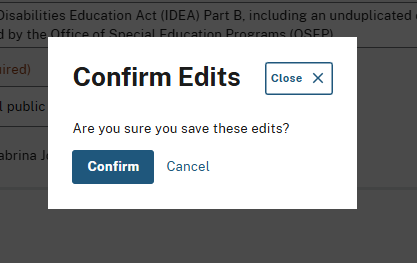 A confirmation modal with the title 'Confirm Edits,' asking the user if they are sure they want to save their edits. It includes three options: 'Confirm' to save changes, 'Cancel' to discard them, and 'Close'.