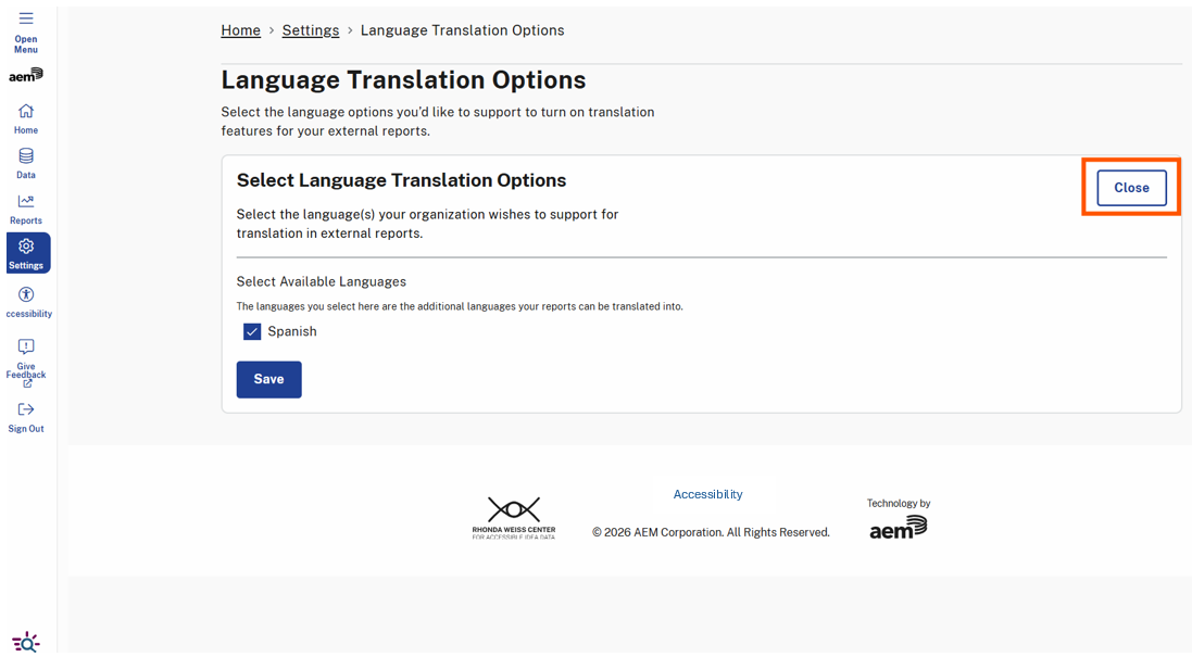 The Language Translation Options page displays the selected language settings and a highlighted "Close" button to collapse and hide the Select Language Translation Options. 