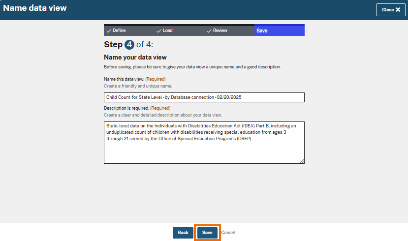 Highlighted blue 'Save' button that allows users to save their data view.